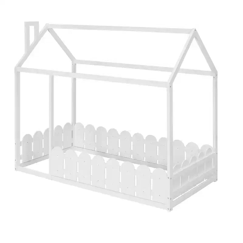 Bellemave Twin House Bed Frame, Wooden Kids Bed with Roof & Fence, Semi-Enclosed Playhouse Design for Girls & Boys, White