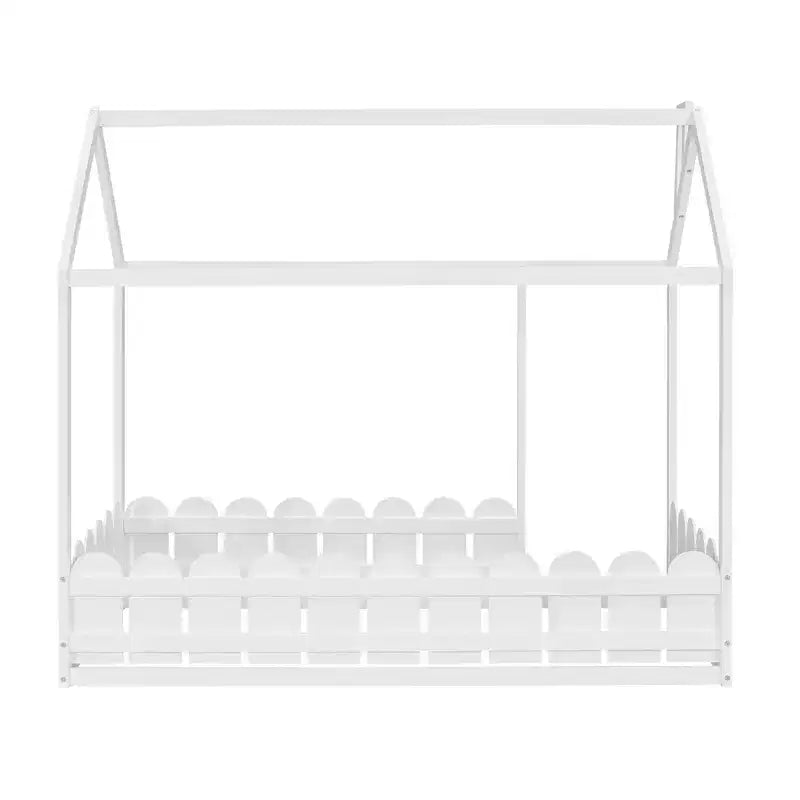 Bellemave Twin House Bed Frame, Wooden Kids Bed with Roof & Fence, Semi-Enclosed Playhouse Design for Girls & Boys, White