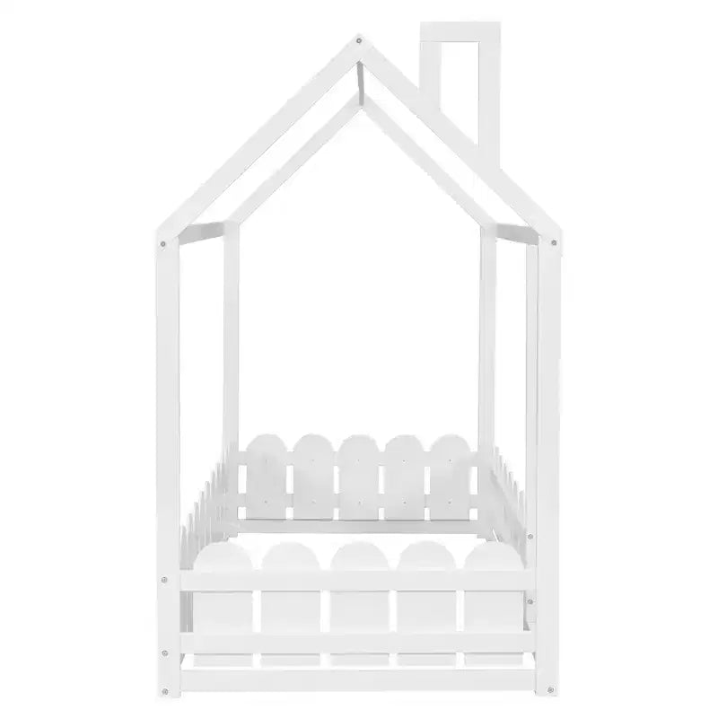 Bellemave Twin House Bed Frame, Wooden Kids Bed with Roof & Fence, Semi-Enclosed Playhouse Design for Girls & Boys, White