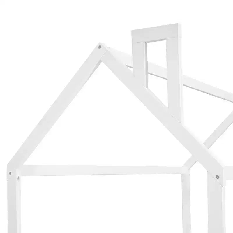 Bellemave Twin House Bed Frame, Wooden Kids Bed with Roof & Fence, Semi-Enclosed Playhouse Design for Girls & Boys, White