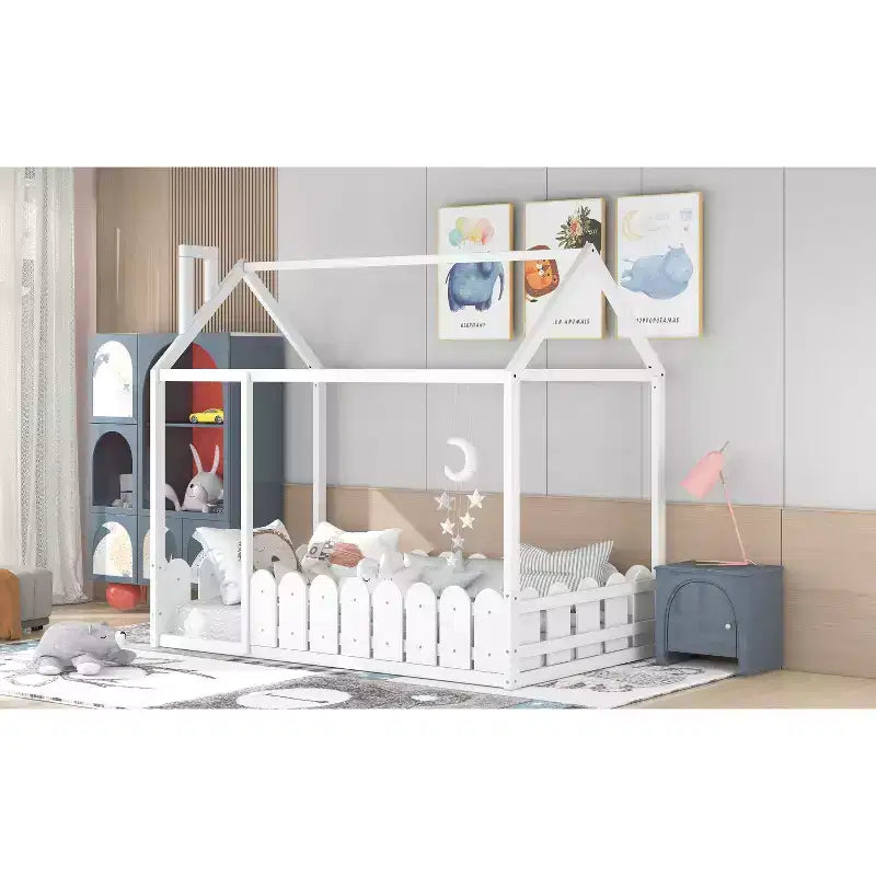Bellemave Twin House Bed Frame, Wooden Kids Bed with Roof & Fence, Semi-Enclosed Playhouse Design for Girls & Boys, White