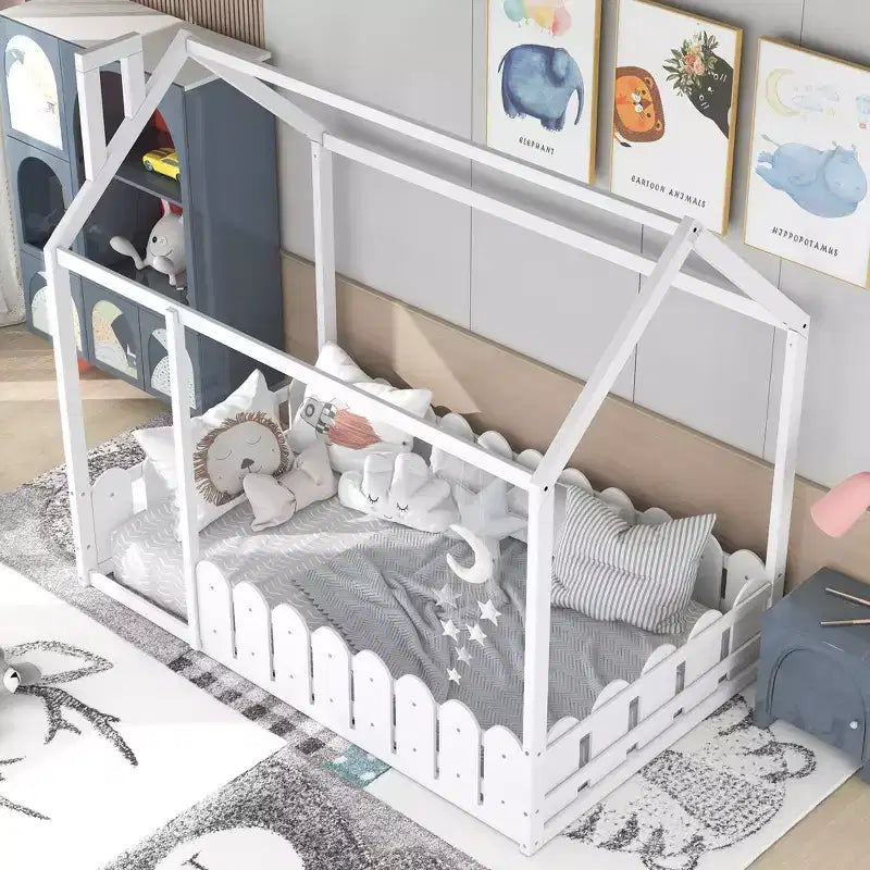 Bellemave Twin House Bed Frame, Wooden Kids Bed with Roof & Fence, Semi-Enclosed Playhouse Design for Girls & Boys, White