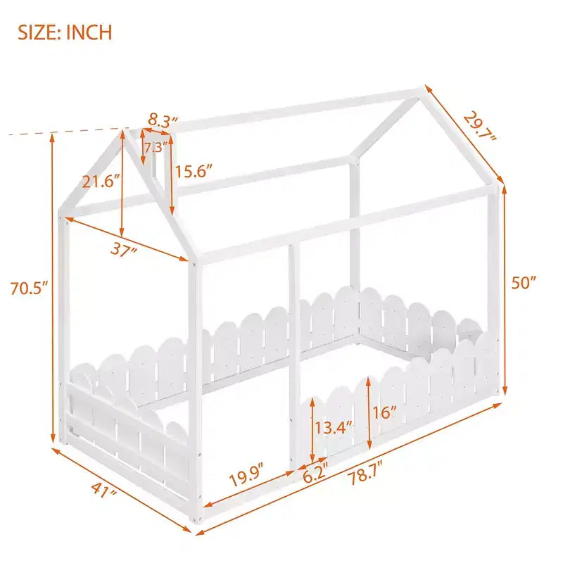 Bellemave Twin House Bed Frame, Wooden Kids Bed with Roof & Fence, Semi-Enclosed Playhouse Design for Girls & Boys, White