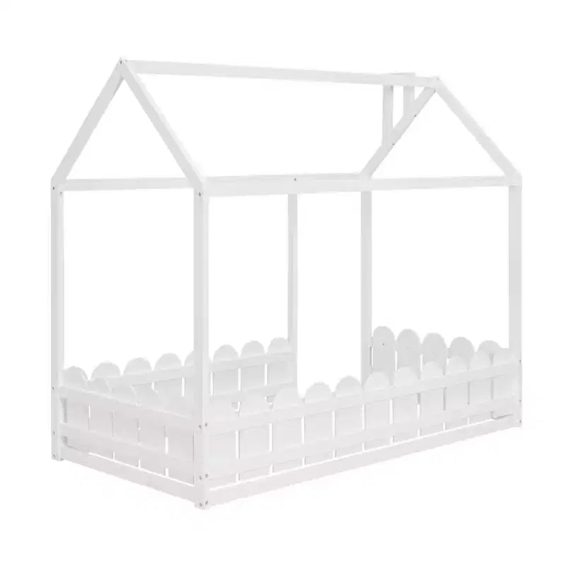Bellemave Twin House Bed Frame, Wooden Kids Bed with Roof & Fence, Semi-Enclosed Playhouse Design for Girls & Boys, White