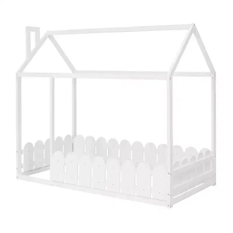 Bellemave Twin House Bed Frame, Wooden Kids Bed with Roof & Fence, Semi-Enclosed Playhouse Design for Girls & Boys, White