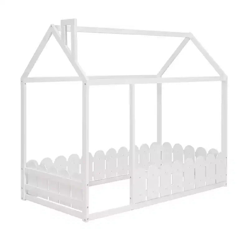 Bellemave Twin House Bed Frame, Wooden Kids Bed with Roof & Fence, Semi-Enclosed Playhouse Design for Girls & Boys, White