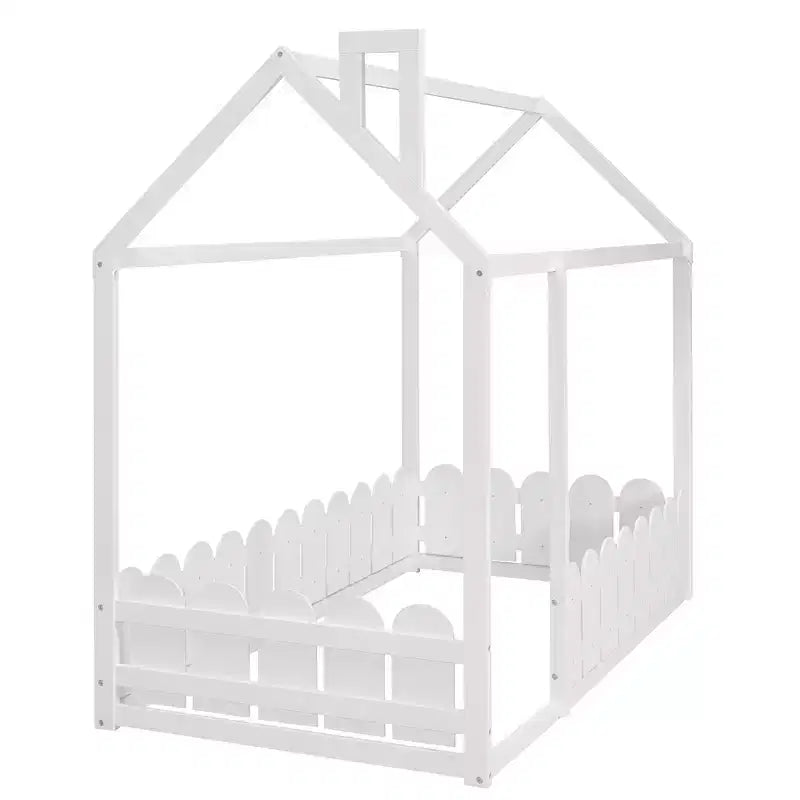 Bellemave Twin House Bed Frame, Wooden Kids Bed with Roof & Fence, Semi-Enclosed Playhouse Design for Girls & Boys, White