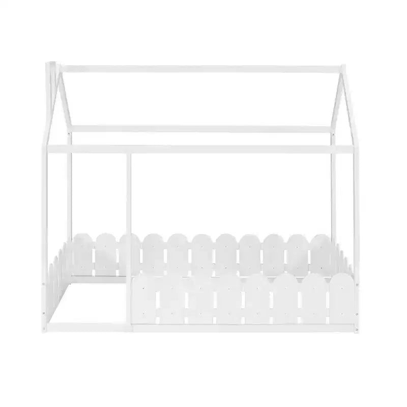 Bellemave Twin House Bed Frame, Wooden Kids Bed with Roof & Fence, Semi-Enclosed Playhouse Design for Girls & Boys, White