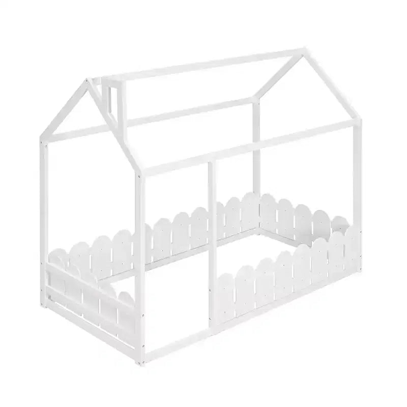 Bellemave Twin House Bed Frame, Wooden Kids Bed with Roof & Fence, Semi-Enclosed Playhouse Design for Girls & Boys, White