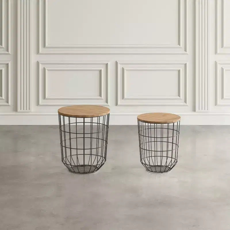 Jofran,Global Archive Nested Storage Solid Wood and Metal Basket End Tables (Set of 2)