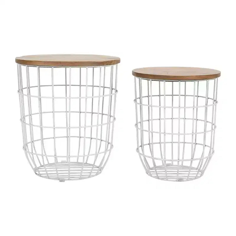 Jofran,Global Archive Nested Storage Solid Wood and Metal Basket End Tables (Set of 2)