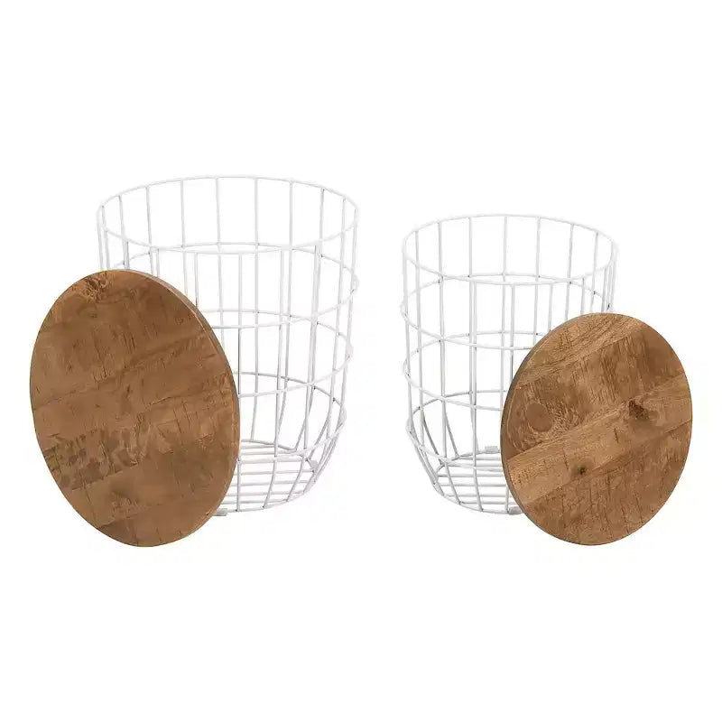 Jofran,Global Archive Nested Storage Solid Wood and Metal Basket End Tables (Set of 2)
