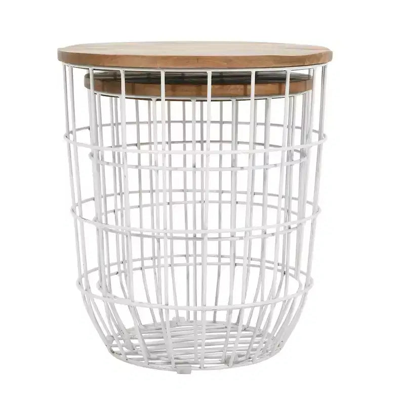 Jofran,Global Archive Nested Storage Solid Wood and Metal Basket End Tables (Set of 2)