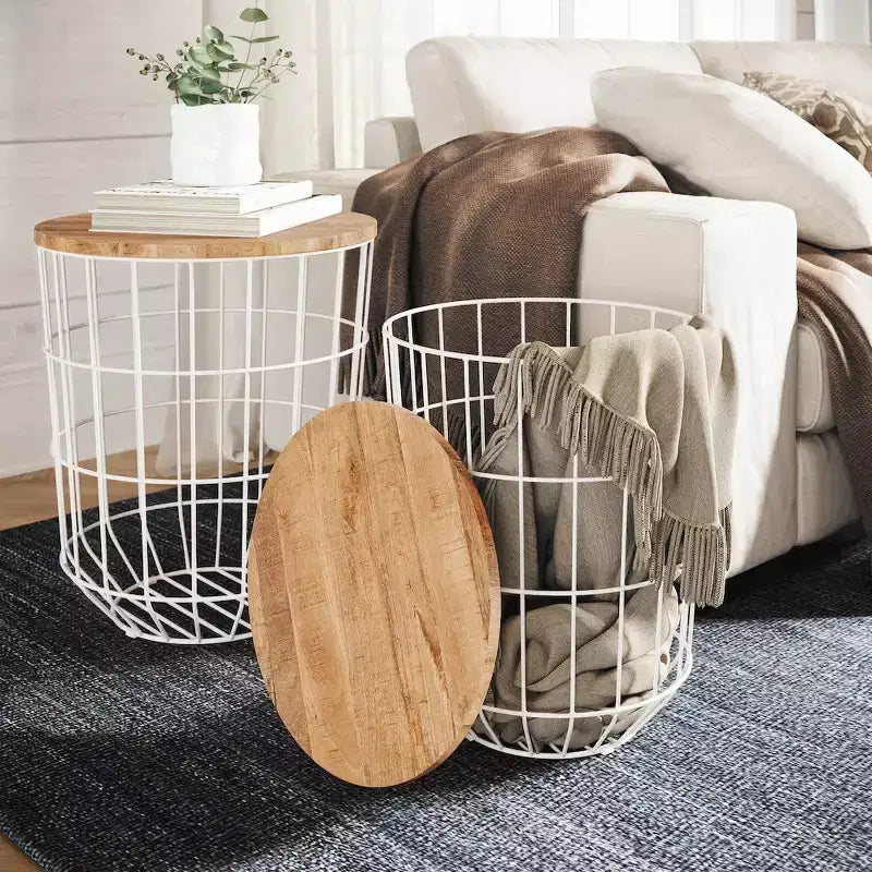 Jofran,Global Archive Nested Storage Solid Wood and Metal Basket End Tables (Set of 2)