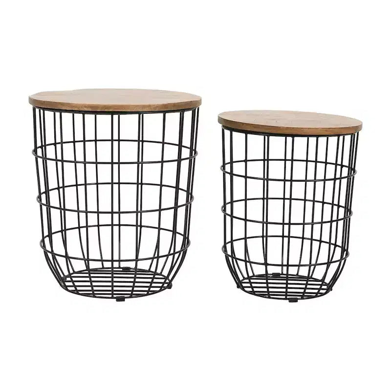 Jofran,Global Archive Nested Storage Solid Wood and Metal Basket End Tables (Set of 2)