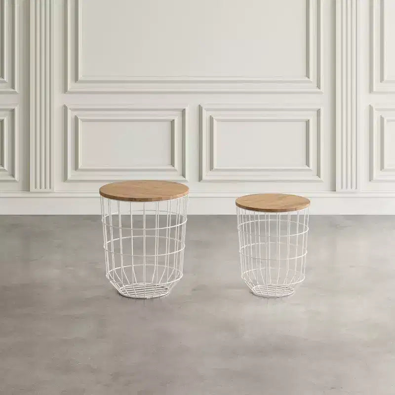 Jofran,Global Archive Nested Storage Solid Wood and Metal Basket End Tables (Set of 2)