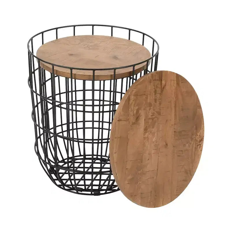 Jofran,Global Archive Nested Storage Solid Wood and Metal Basket End Tables (Set of 2)