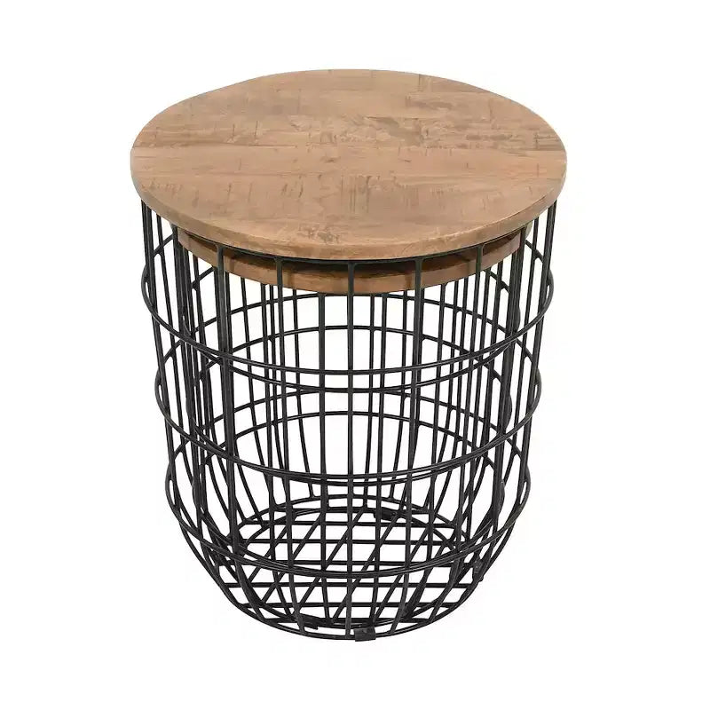 Jofran,Global Archive Nested Storage Solid Wood and Metal Basket End Tables (Set of 2)