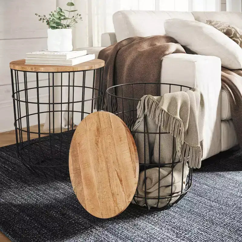 Jofran,Global Archive Nested Storage Solid Wood and Metal Basket End Tables (Set of 2)