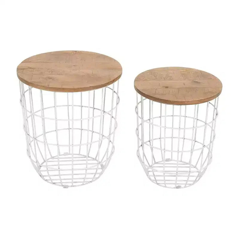 Jofran,Global Archive Nested Storage Solid Wood and Metal Basket End Tables (Set of 2)