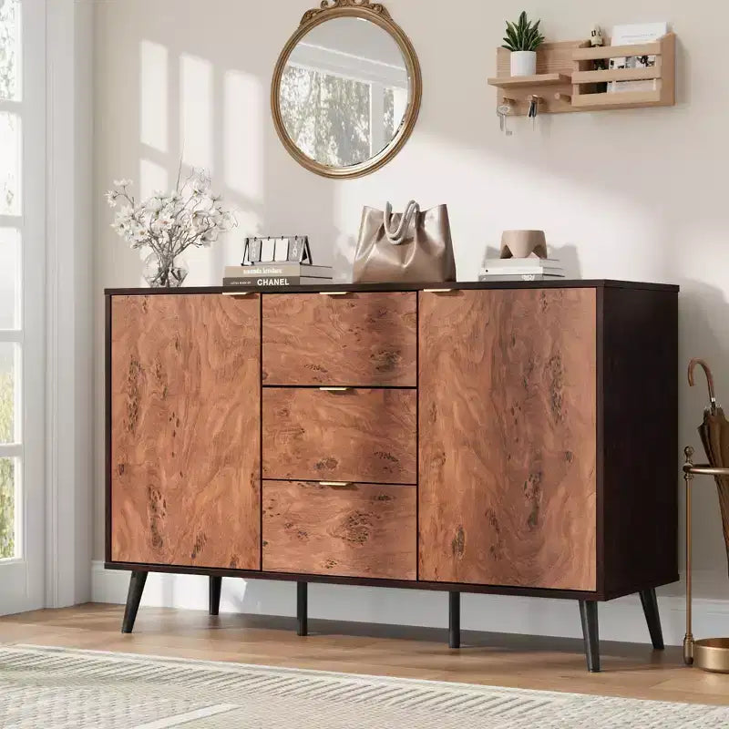 Buffet cabinet with drawers, coffee station cabinet, metal handles, sideboard with shelves and doors, compatible with robotic vacuum cleaners