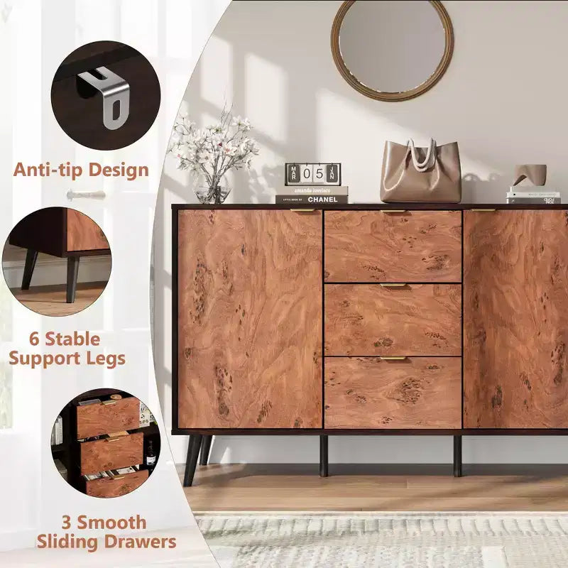 Buffet cabinet with drawers, coffee station cabinet, metal handles, sideboard with shelves and doors, compatible with robotic vacuum cleaners