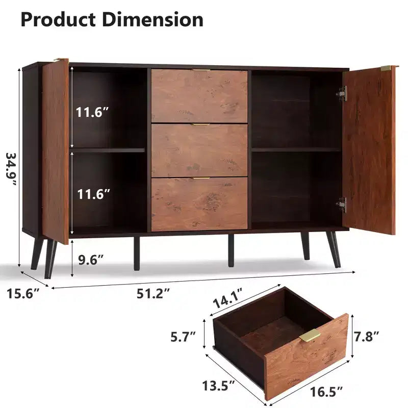Buffet cabinet with drawers, coffee station cabinet, metal handles, sideboard with shelves and doors, compatible with robotic vacuum cleaners