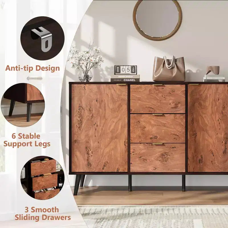 Buffet cabinet with drawers, coffee station cabinet, metal handles, sideboard with shelves and doors, compatible with robotic vacuum cleaners