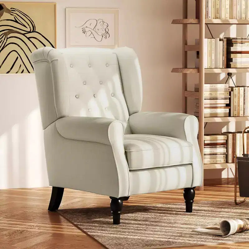 Wingback Accent Chair for Living Room, Button-Tufted Lounge Chair with Round Armrests and Wood Legs