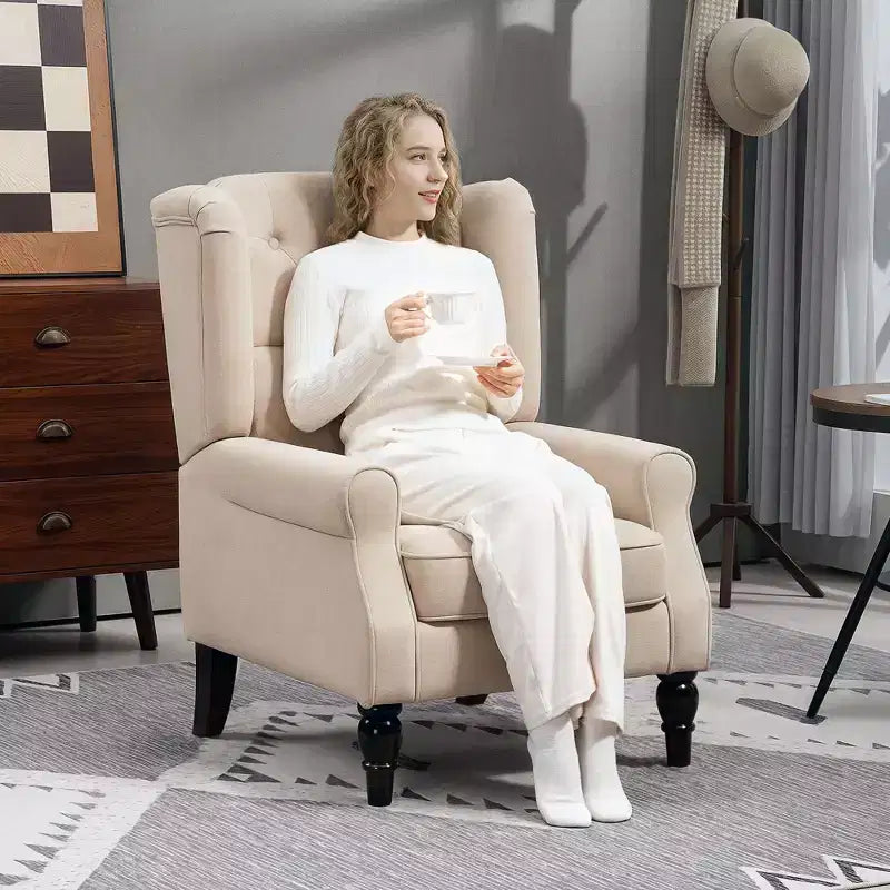 Wingback Accent Chair for Living Room, Button-Tufted Lounge Chair with Round Armrests and Wood Legs
