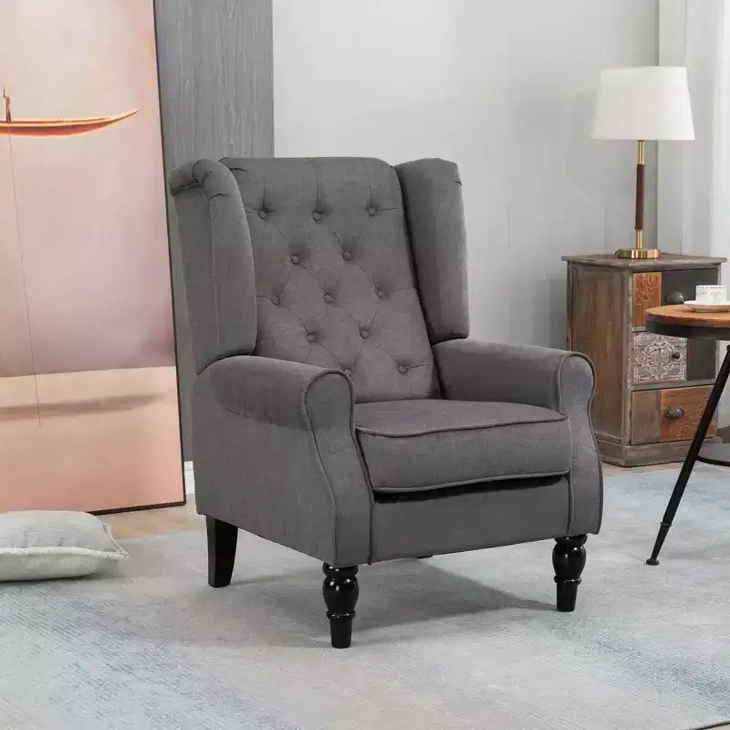 Wingback Accent Chair for Living Room, Button-Tufted Lounge Chair with Round Armrests and Wood Legs