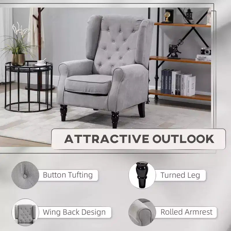 Wingback Accent Chair for Living Room, Button-Tufted Lounge Chair with Round Armrests and Wood Legs