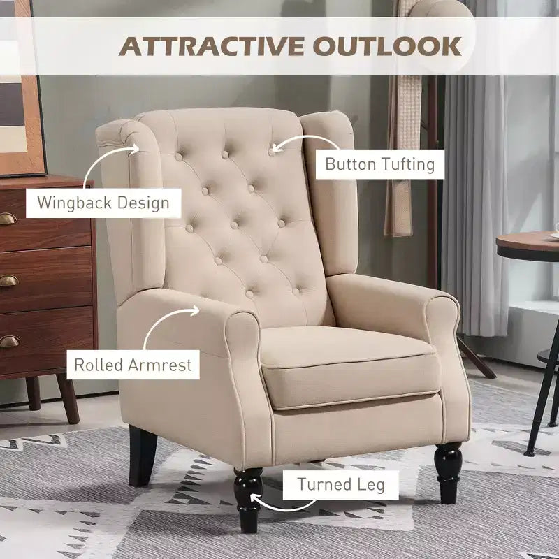 Wingback Accent Chair for Living Room, Button-Tufted Lounge Chair with Round Armrests and Wood Legs