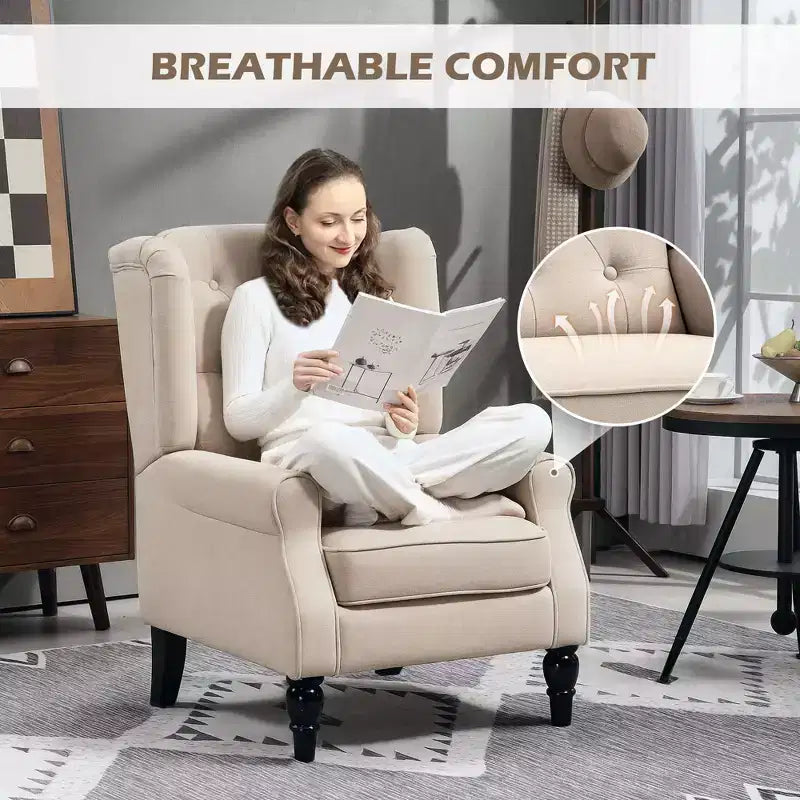 Wingback Accent Chair for Living Room, Button-Tufted Lounge Chair with Round Armrests and Wood Legs