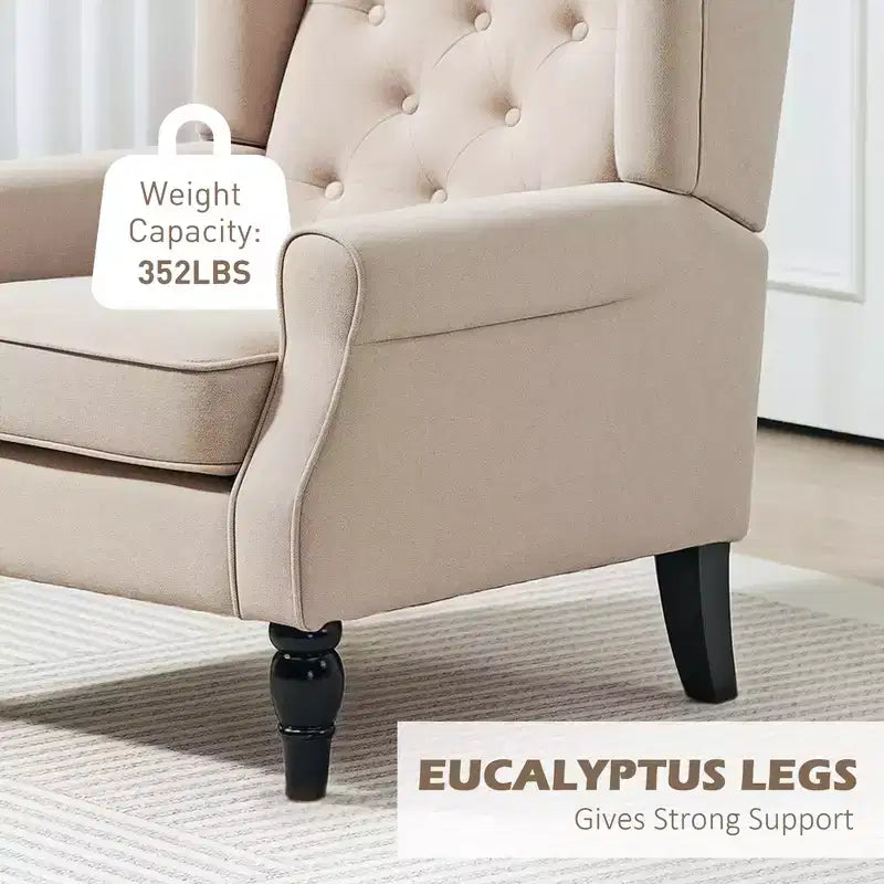 Wingback Accent Chair for Living Room, Button-Tufted Lounge Chair with Round Armrests and Wood Legs