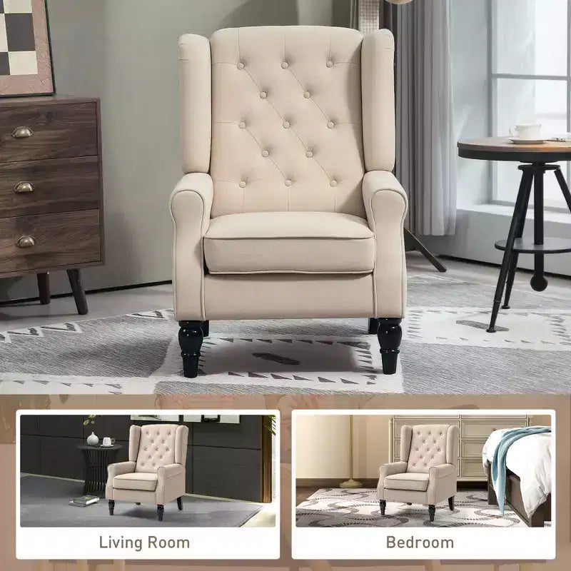 Wingback Accent Chair for Living Room, Button-Tufted Lounge Chair with Round Armrests and Wood Legs