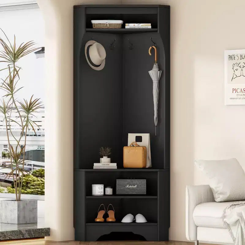 Okak Minimalist Corner Hall Tree with Adjustable Shelf, Coat Tree with Shoe Bench and 4 Hooks, Versatile Coat Rack for Living Room, Entryway, Black