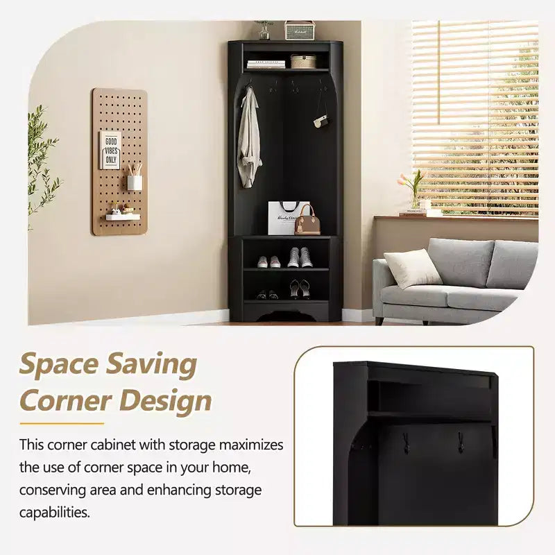 Okak Minimalist Corner Hall Tree with Adjustable Shelf, Coat Tree with Shoe Bench and 4 Hooks, Versatile Coat Rack for Living Room, Entryway, Black