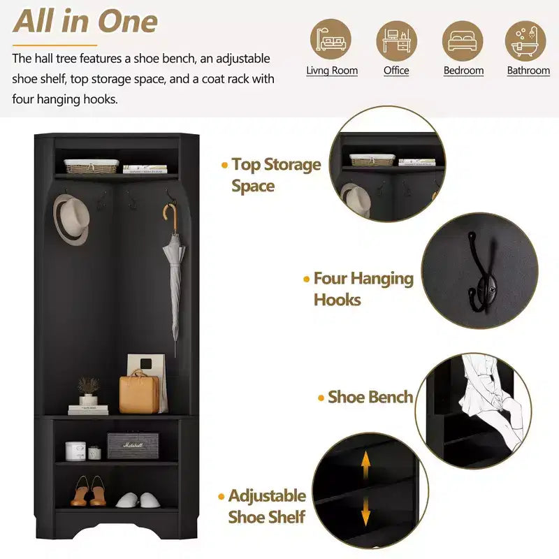 Okak Minimalist Corner Hall Tree with Adjustable Shelf, Coat Tree with Shoe Bench and 4 Hooks, Versatile Coat Rack for Living Room, Entryway, Black