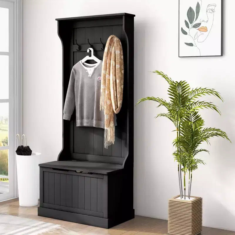 Okak 28IN Entryway Hall Tree with 4 Metal Hooks, Coat Tree with Shoe Storage and Top Door, Freestanding Coat Rack for Living Room, Entryway, Black