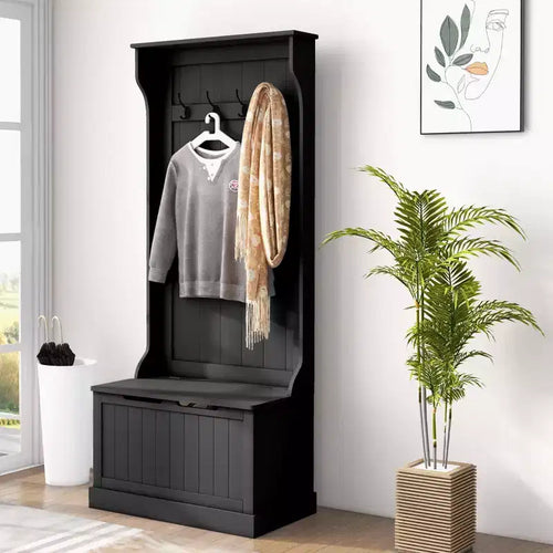 Okak 28IN Entryway Hall Tree with 4 Metal Hooks, Coat Tree with Shoe Storage and Top Door, Freestanding Coat Rack for Living Room, Entryway, Black