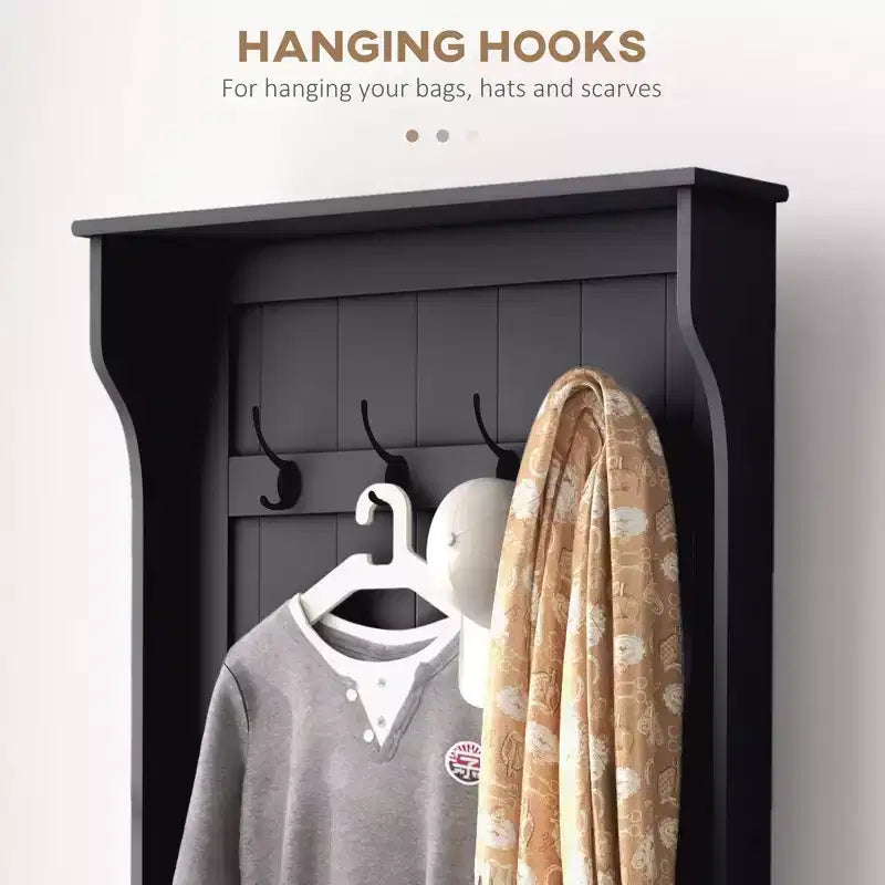 Okak 28IN Entryway Hall Tree with 4 Metal Hooks, Coat Tree with Shoe Storage and Top Door, Freestanding Coat Rack for Living Room, Entryway, Black