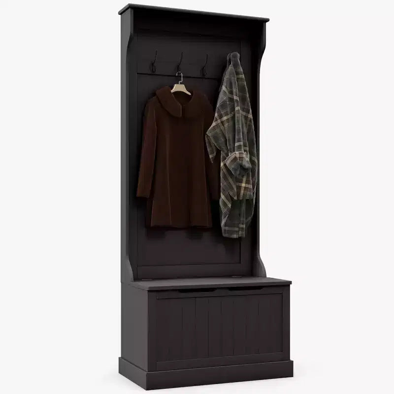 Okak 28IN Entryway Hall Tree with 4 Metal Hooks, Coat Tree with Shoe Storage and Top Door, Freestanding Coat Rack for Living Room, Entryway, Black