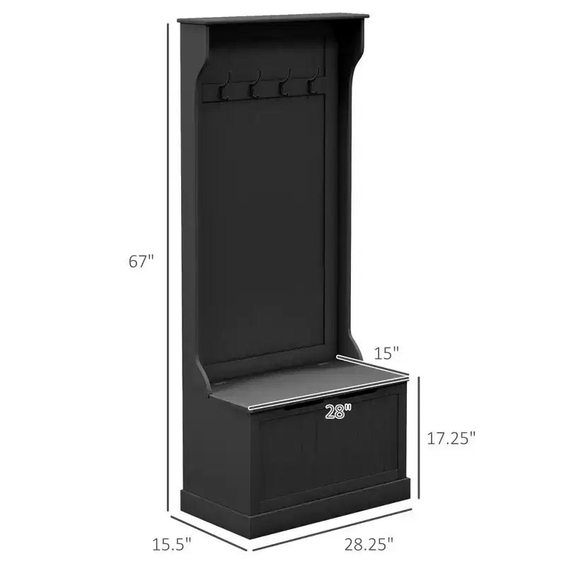 Okak 28IN Entryway Hall Tree with 4 Metal Hooks, Coat Tree with Shoe Storage and Top Door, Freestanding Coat Rack for Living Room, Entryway, Black