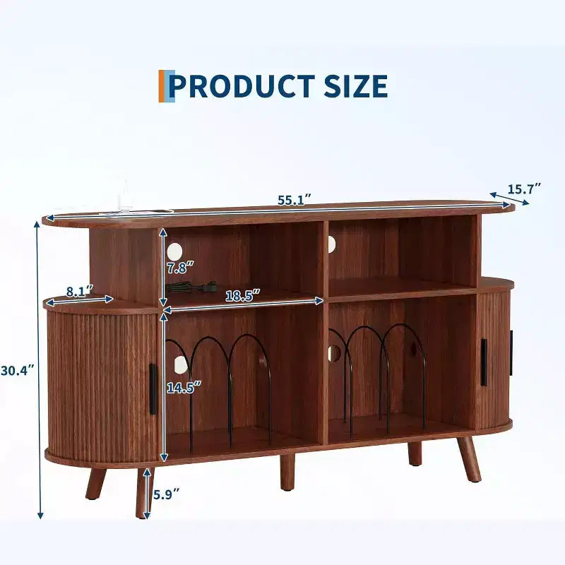 55 Large Round Record Player Stand, Mid-Century Modern Storage Cabinet, Rustic Record Table with Open Shelves for Living Room Bedroom Office