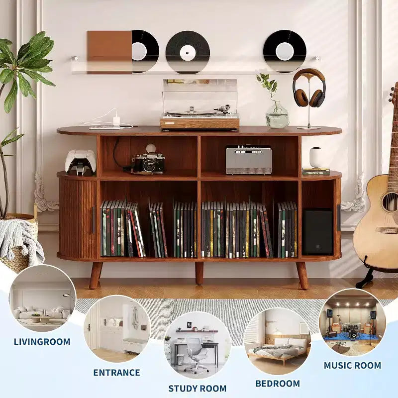 55 Large Round Record Player Stand, Mid-Century Modern Storage Cabinet, Rustic Record Table with Open Shelves for Living Room Bedroom Office