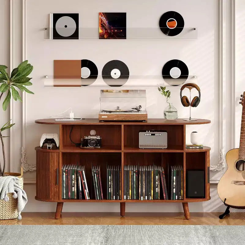 55 Large Round Record Player Stand, Mid-Century Modern Storage Cabinet, Rustic Record Table with Open Shelves for Living Room Bedroom Office