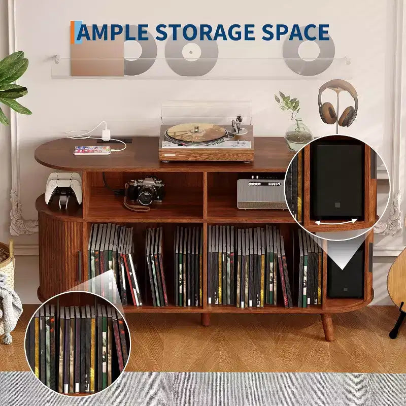 55 Large Round Record Player Stand, Mid-Century Modern Storage Cabinet, Rustic Record Table with Open Shelves for Living Room Bedroom Office