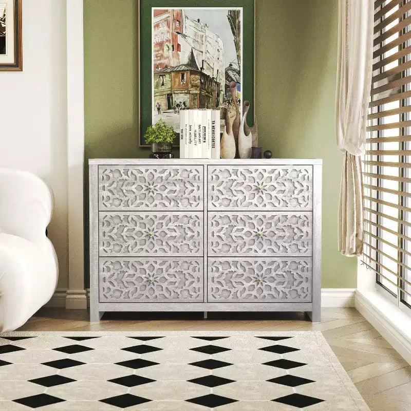 Galano 6-Drawer Dresser with Cutout Floral Fronts 45.4 W x 15.7 D x 32.0 H