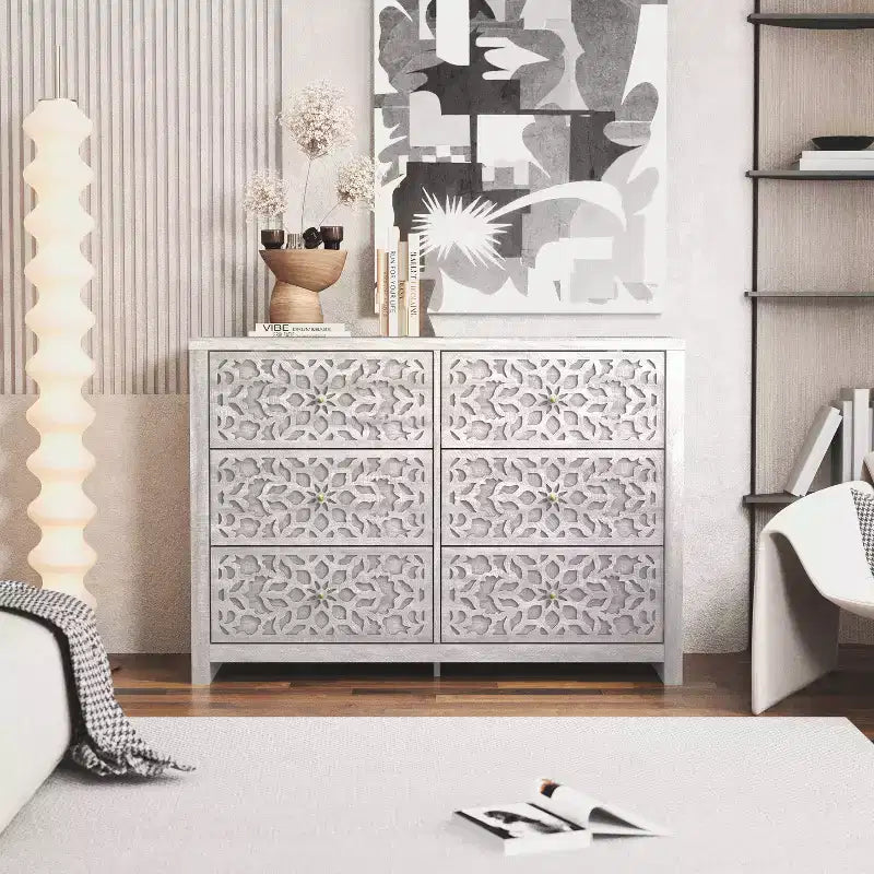 Galano 6-Drawer Dresser with Cutout Floral Fronts 45.4 W x 15.7 D x 32.0 H